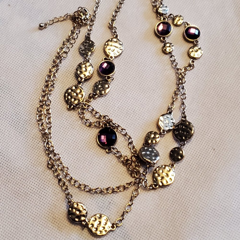 50" Gold Tone Long Necklace Purple Plastic Discs